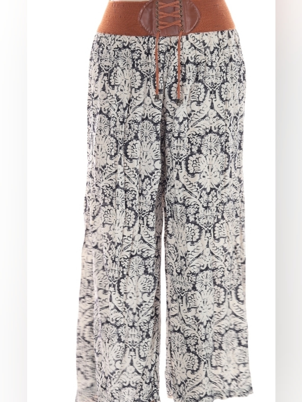 La Moda Boho Wide-Leg Printed Lounge Pants in Cream & Black - Picture 4 of 8
